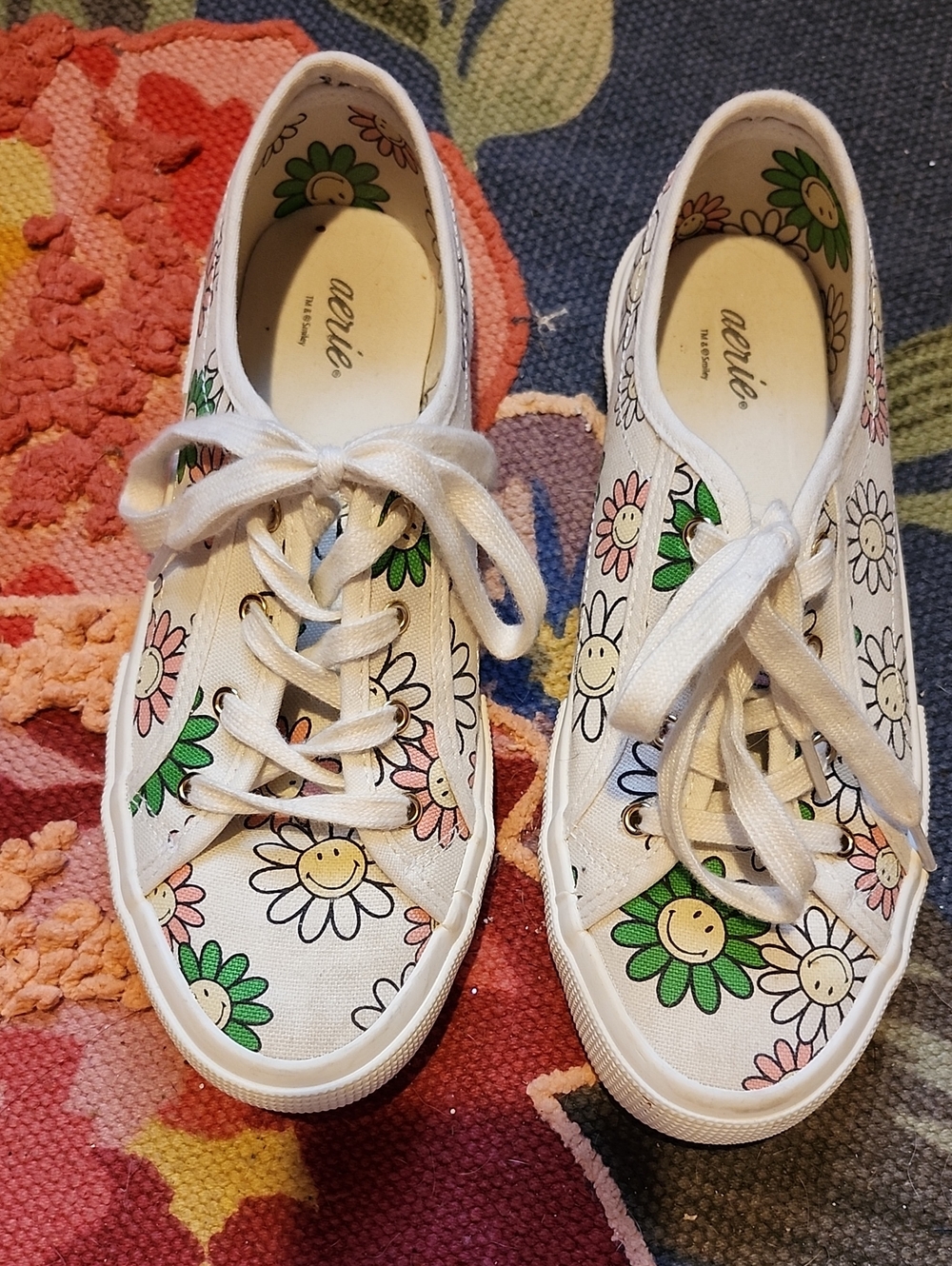 aerie White Canvas Sneakers with Green and Pink Smiley Daisy Print